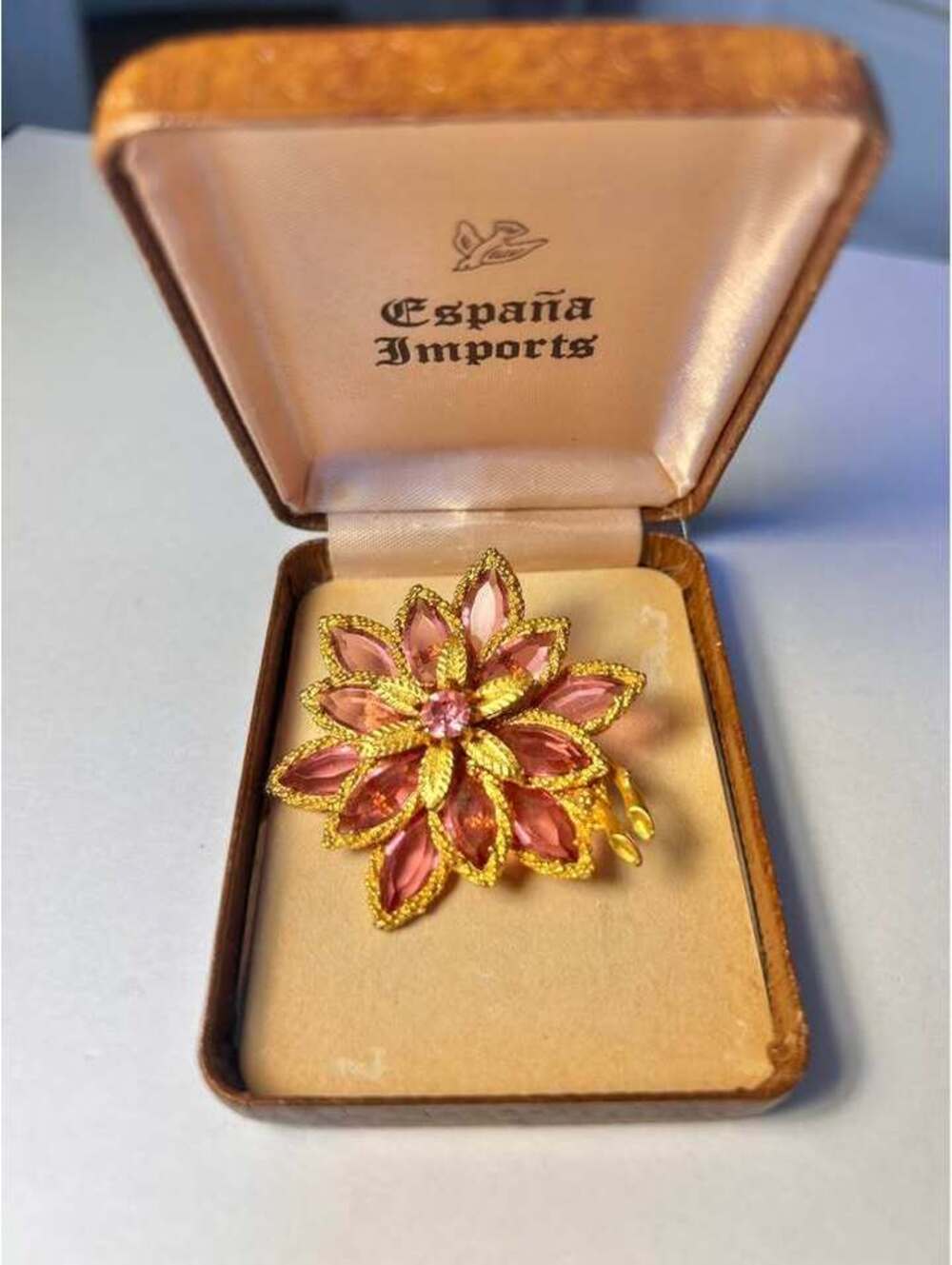 Vintage España Imports Pink and Gold Flower Brooch Pin